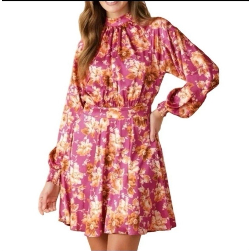 FLYING TOMATO Floral‎ Print Long Sleeve Tie Neck satin Dress Sz S boho party